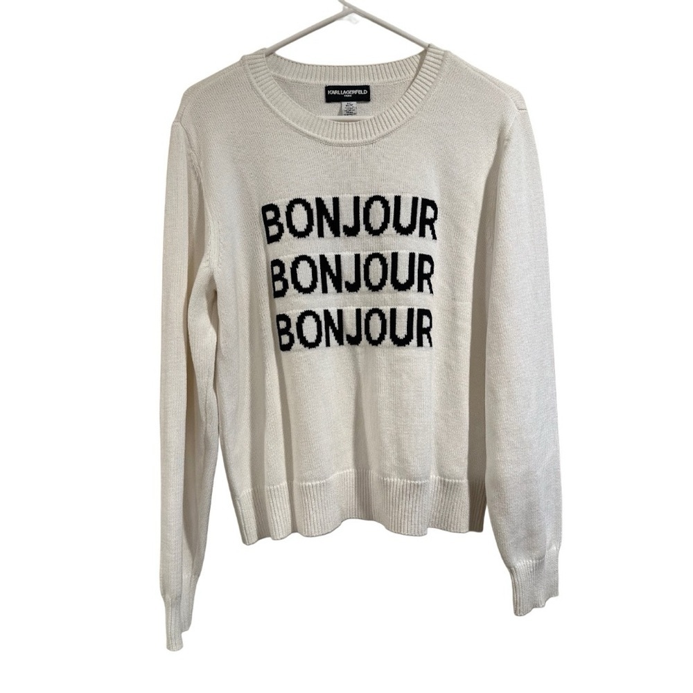 KARL LAGERFELD Black & White Bonjour Pullover Sweater Crewneck Cotton 93% EUC M - Picture 4 of 16